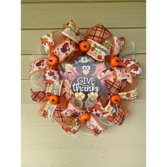 Give Thanks Thanksgiving Turkey Wreath – Fall Harvest Front Door Decor - Picture 1 of 7